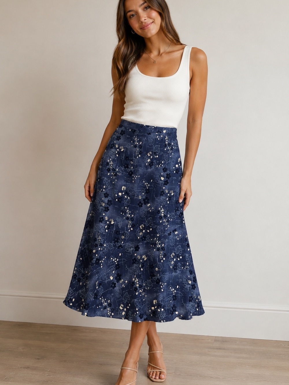 Navy Floral A-Line Midi Skirt